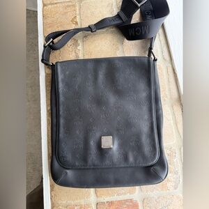 MCM Black Embossed Leather Messenger Bag